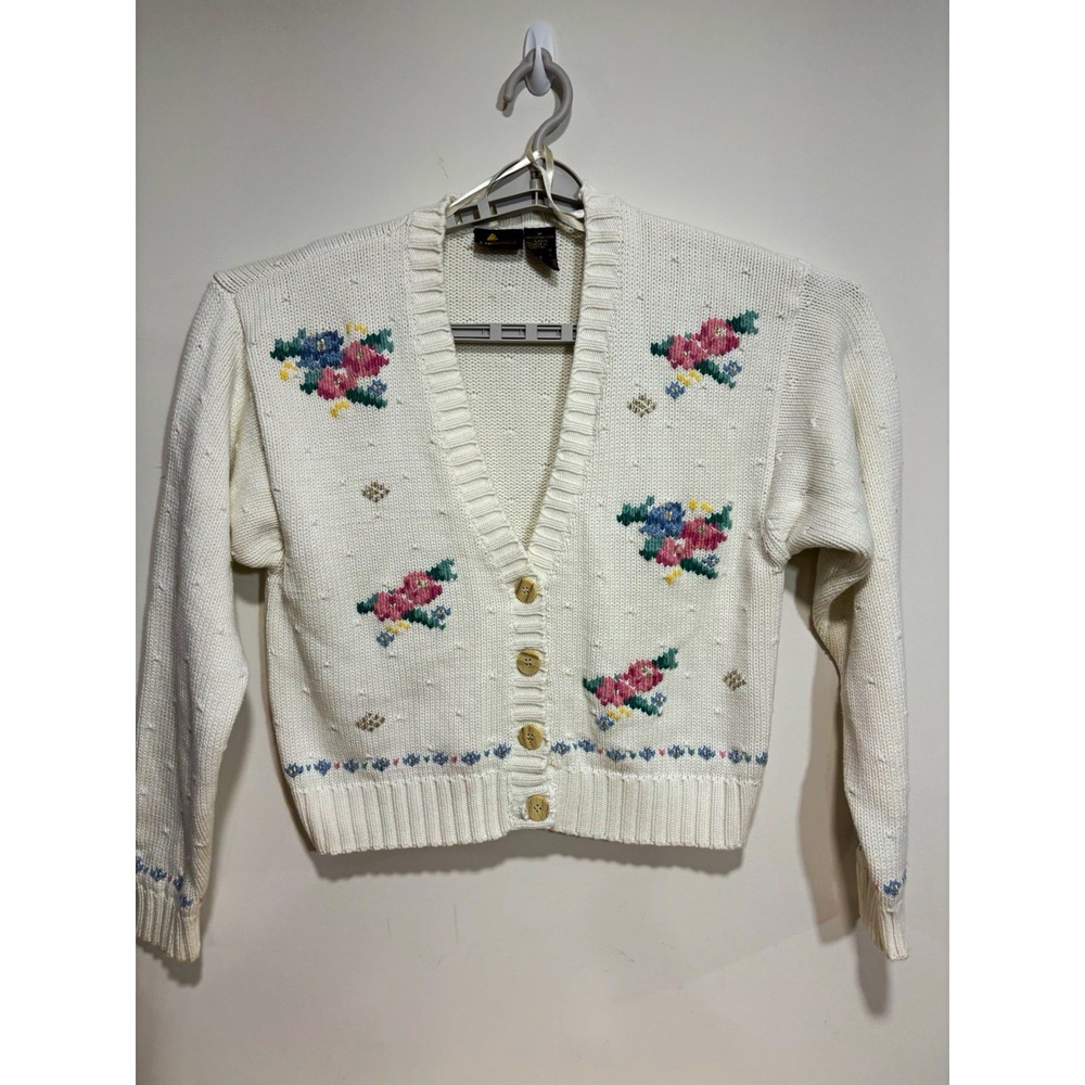 Vintage Lizsport Cardigan Sweater M Floral Cotton Knit Cottagecore Grandmacore